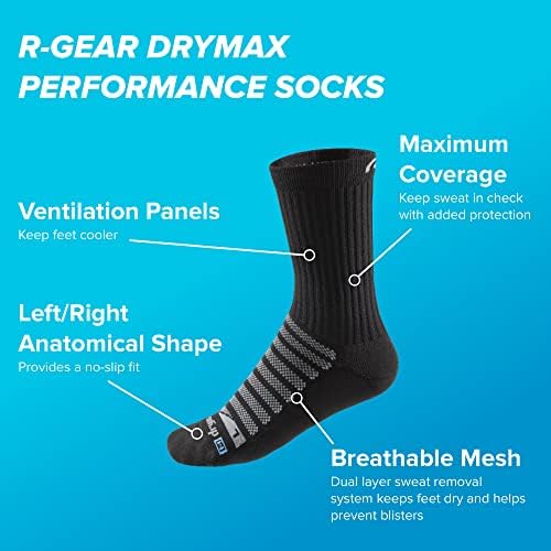 R-Gear Drymax Crew Gocks לגברים ונשים, כרית קלה | נשימה, בקרת לחות ואנטי שלפוחית ​​| XL, שחור, 3 חבילה